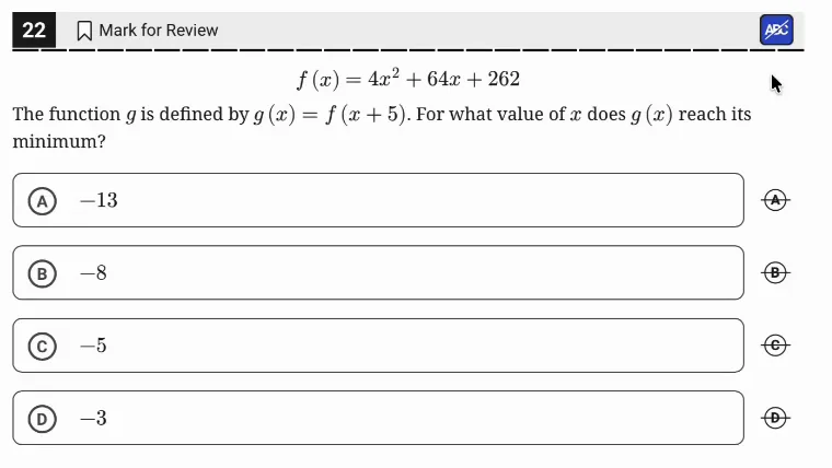 SAT Practice Test 8, Module 1, Question 22 (Nonlinear functions) as it appears in the walkthrough video