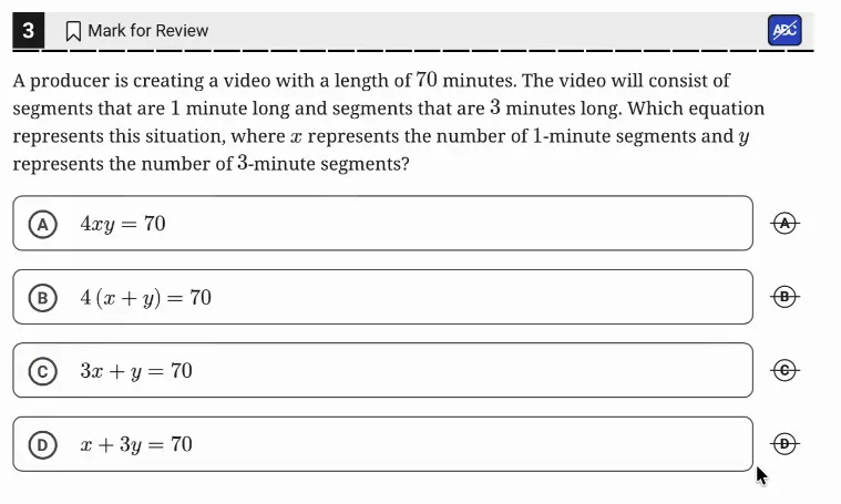 SAT Practice Test 8, Module 1, Question 3 (Linear equations in two variables) as it appears in the walkthrough video