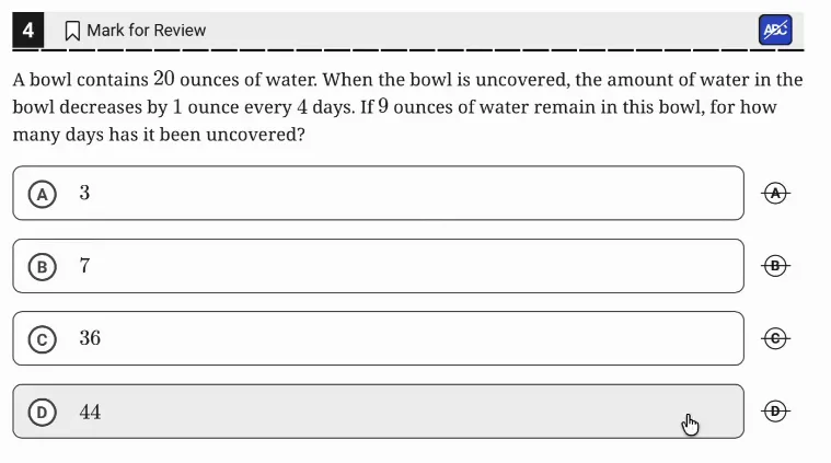 SAT Practice Test 8, Module 1, Question 4 (Linear equations in one variable) as it appears in the walkthrough video