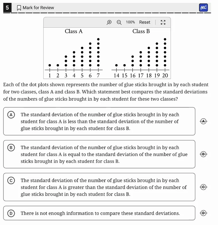 SAT Practice Test 8, Module 1, Question 5 (One-variable data: distributions and measures of center and spread) as it appears in the walkthrough video