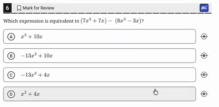 SAT Practice Test 8, Module 1, Question 6 (Equivalent expressions) as it appears in the walkthrough video