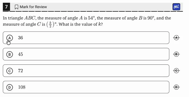 SAT Practice Test 8, Module 1, Question 7 (Lines, angles, and triangles) as it appears in the walkthrough video
