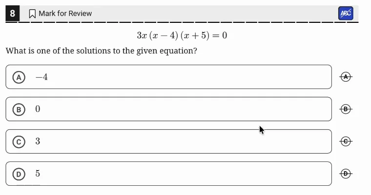 SAT Practice Test 8, Module 1, Question 8 (Nonlinear equations in one variable and systems of equations in two variables) as it appears in the walkthrough video