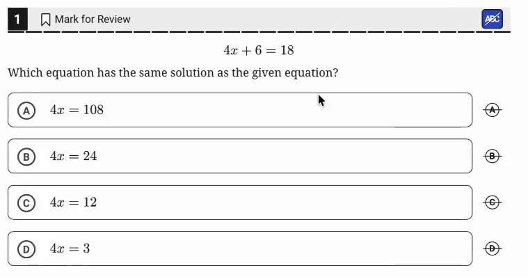 SAT Practice Test 8, Module 2, Question 1 (Linear equations in one variable) as it appears in the walkthrough video