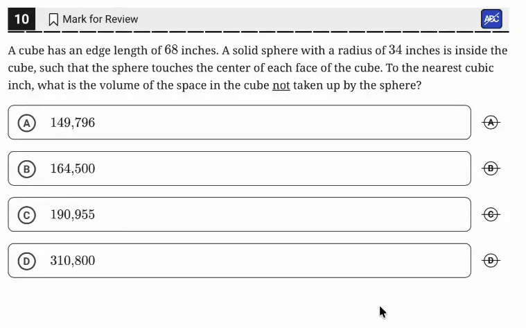 SAT Practice Test 8, Module 2, Question 10 (Area and volume) as it appears in the walkthrough video
