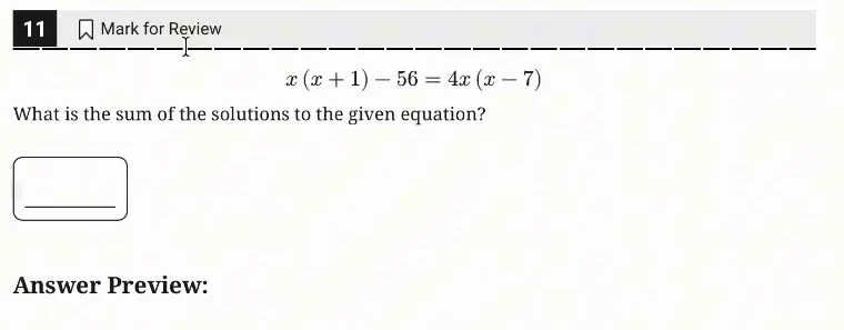 SAT Practice Test 8, Module 2, Question 11 (Nonlinear equations in one variable and systems of equations in two variables) as it appears in the walkthrough video