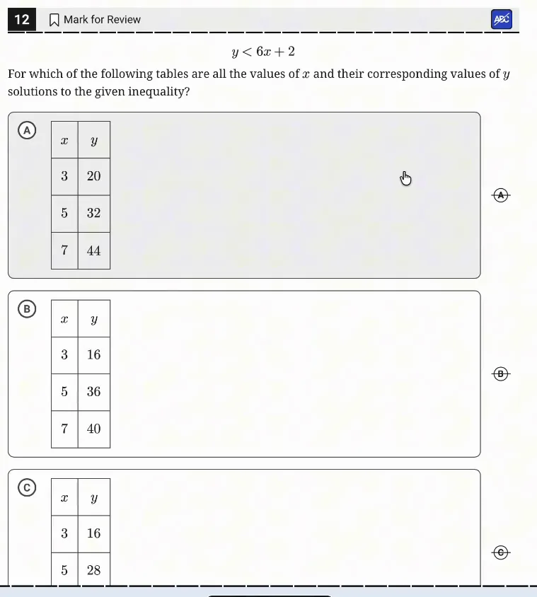 SAT Practice Test 8, Module 2, Question 12 (Linear inequalities in one or two variables) as it appears in the walkthrough video