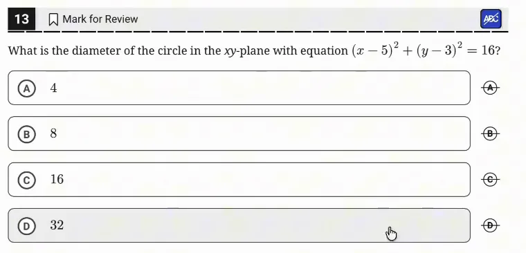 SAT Practice Test 8, Module 2, Question 13 (Circles) as it appears in the walkthrough video
