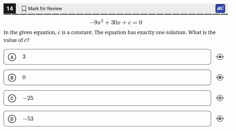 SAT Practice Test 8, Module 2, Question 14 (Nonlinear equations in one variable and systems of equations in two variables) as it appears in the walkthrough video