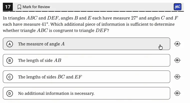 SAT Practice Test 8, Module 2, Question 17 (Lines, angles, and triangles) as it appears in the walkthrough video