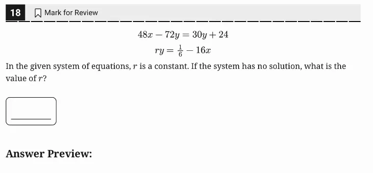 SAT Practice Test 8, Module 2, Question 18 (Systems of two linear equations in two variables) as it appears in the walkthrough video