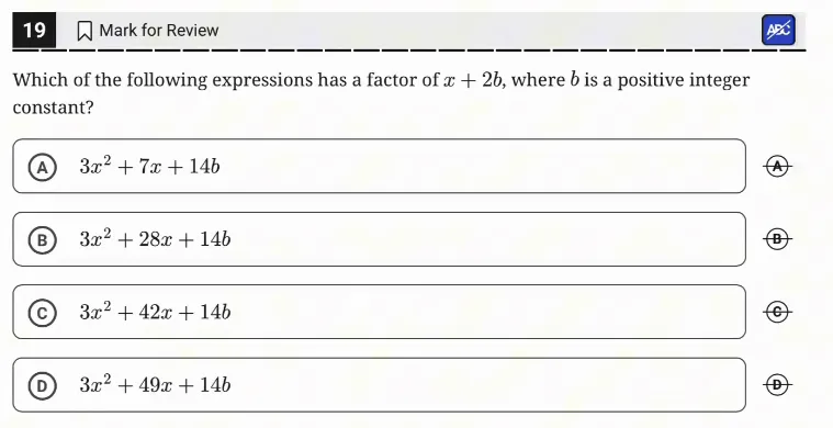 SAT Practice Test 8, Module 2, Question 19 (Equivalent expressions) as it appears in the walkthrough video