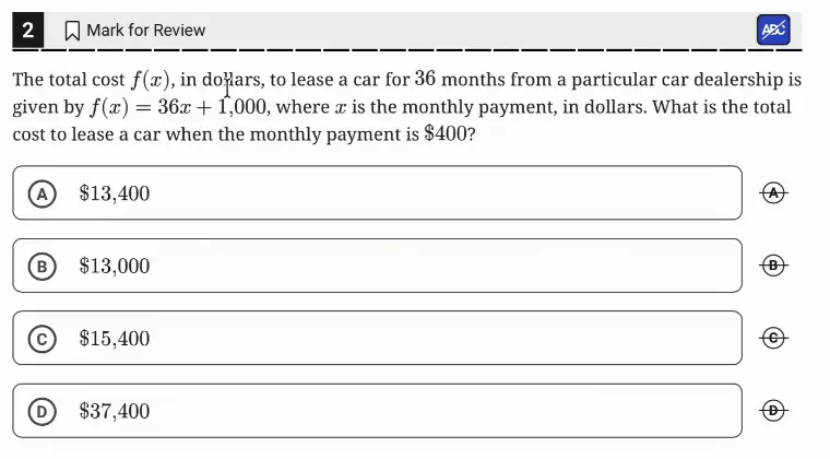 SAT Practice Test 8, Module 2, Question 2 (Linear functions) as it appears in the walkthrough video