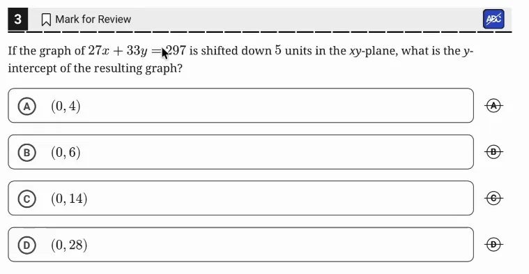 SAT Practice Test 8, Module 2, Question 3 (Linear equations in two variables) as it appears in the walkthrough video