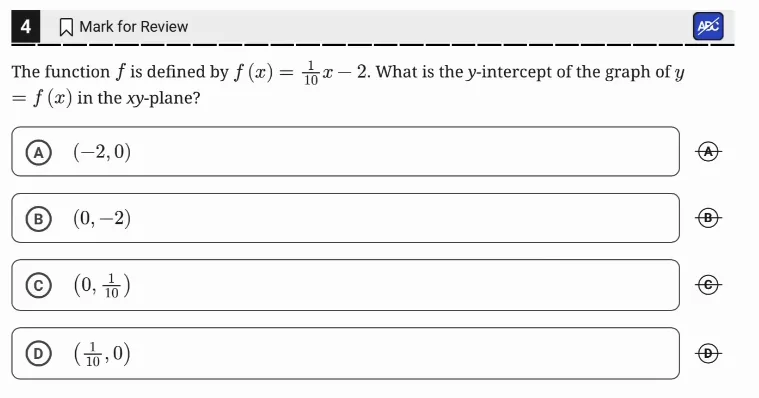 SAT Practice Test 8, Module 2, Question 4 (Linear functions) as it appears in the walkthrough video