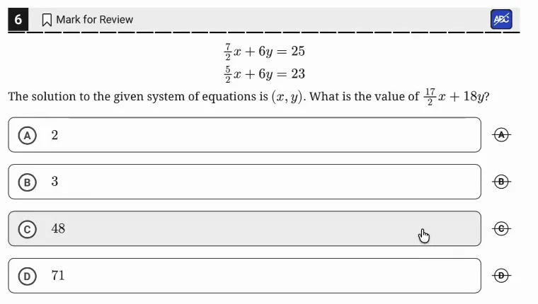 SAT Practice Test 8, Module 2, Question 6 (Systems of two linear equations in two variables) as it appears in the walkthrough video