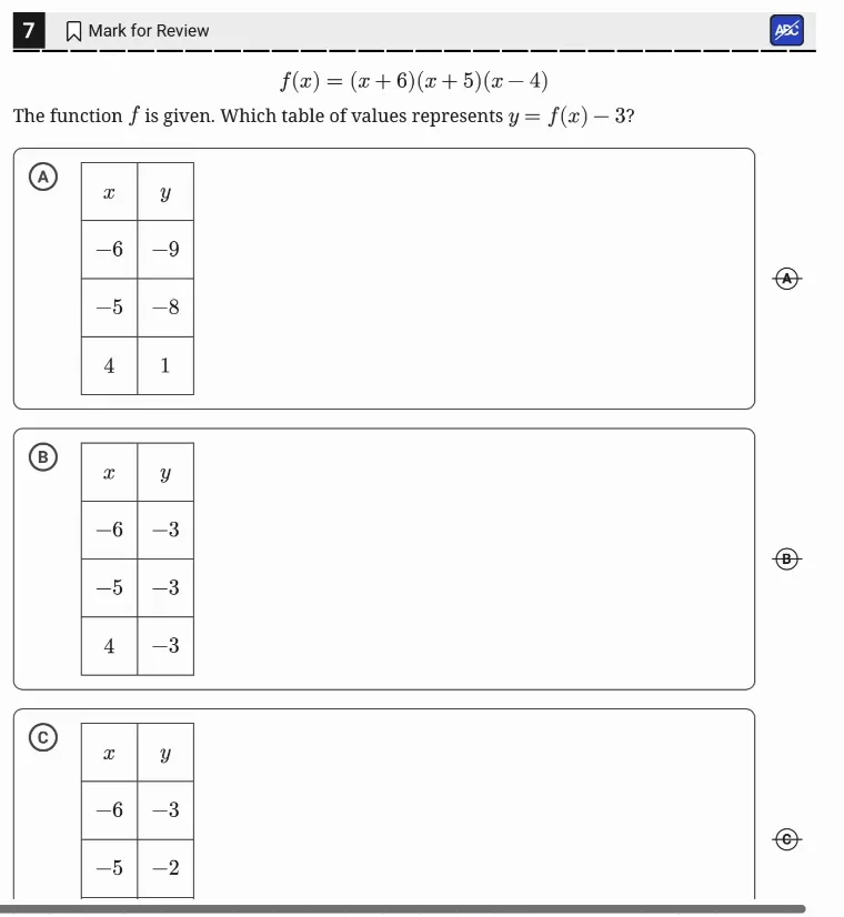 SAT Practice Test 8, Module 2, Question 7 (Nonlinear functions) as it appears in the walkthrough video