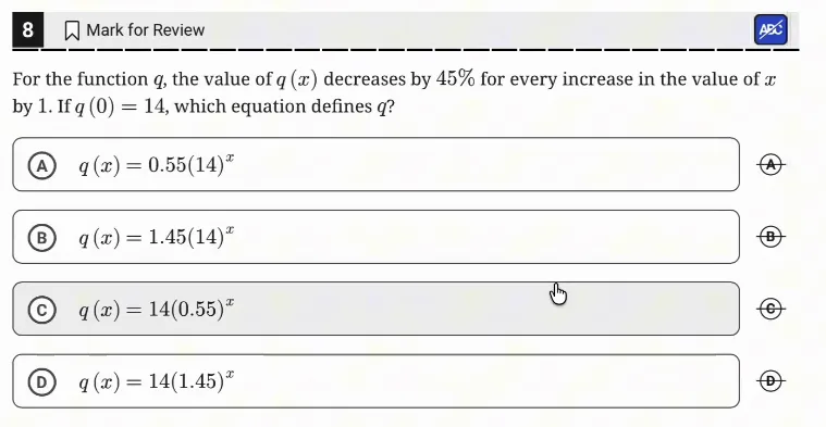 SAT Practice Test 8, Module 2, Question 8 (Nonlinear functions) as it appears in the walkthrough video