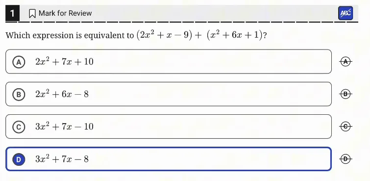 SAT Practice Test 9, Module 1, Question 1 (Equivalent expressions) as it appears in the walkthrough video