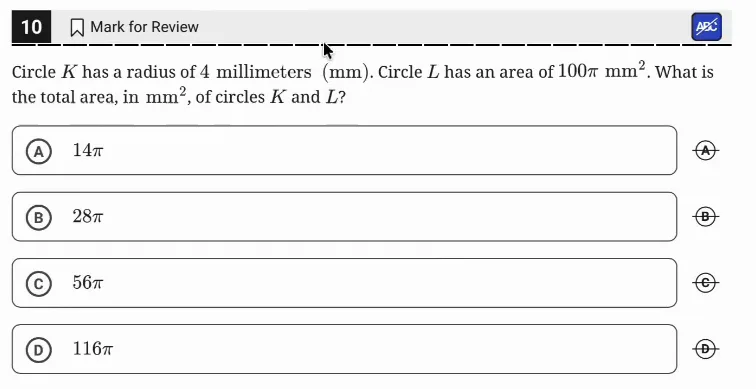 SAT Practice Test 9, Module 1, Question 10 (Area and volume) as it appears in the walkthrough video