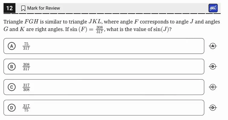 SAT Practice Test 9, Module 1, Question 12 (Right triangles and trigonometry) as it appears in the walkthrough video