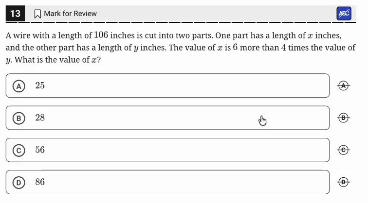 SAT Practice Test 9, Module 1, Question 13 (Systems of two linear equations in two variables) as it appears in the walkthrough video
