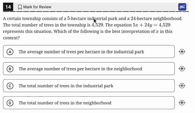 SAT Practice Test 9, Module 1, Question 14 (Linear equations in two variables) as it appears in the walkthrough video
