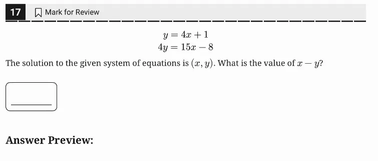 SAT Practice Test 9, Module 1, Question 17 (Systems of two linear equations in two variables) as it appears in the walkthrough video