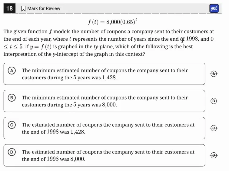 SAT Practice Test 9, Module 1, Question 18 (Nonlinear functions) as it appears in the walkthrough video