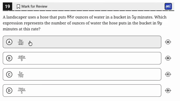 SAT Practice Test 9, Module 1, Question 19 (Ratios, rates, proportional relationships, and units) as it appears in the walkthrough video