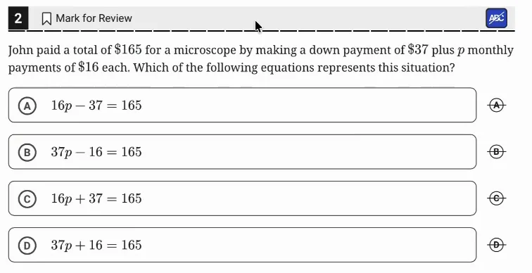 SAT Practice Test 9, Module 1, Question 2 (Linear equations in one variable) as it appears in the walkthrough video