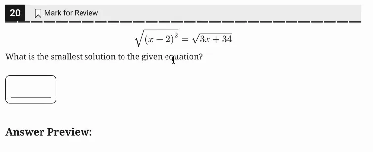 SAT Practice Test 9, Module 1, Question 20 (Nonlinear equations in one variable and systems of equations in two variables) as it appears in the walkthrough video