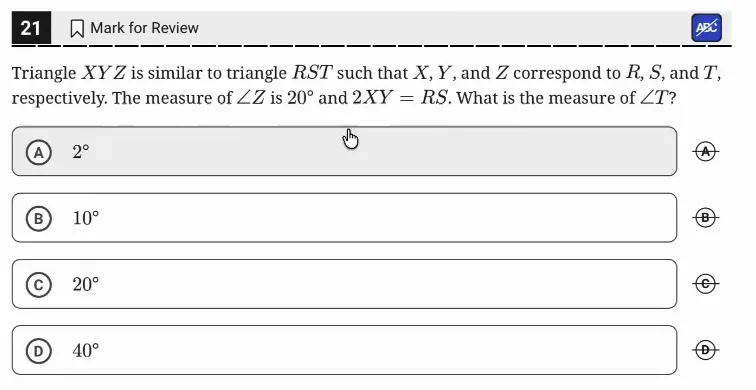 SAT Practice Test 9, Module 1, Question 21 (Lines, angles, and triangles) as it appears in the walkthrough video