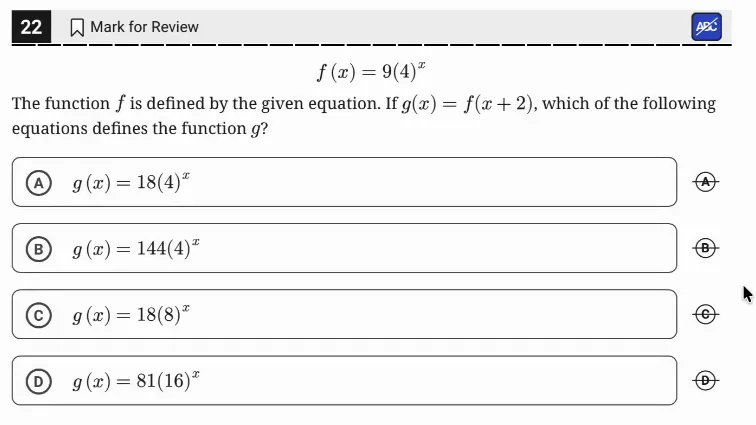 SAT Practice Test 9, Module 1, Question 22 (Nonlinear functions) as it appears in the walkthrough video