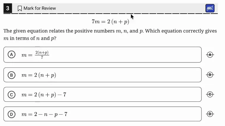 SAT Practice Test 9, Module 1, Question 3 (Nonlinear equations in one variable and systems of equations in two variables) as it appears in the walkthrough video