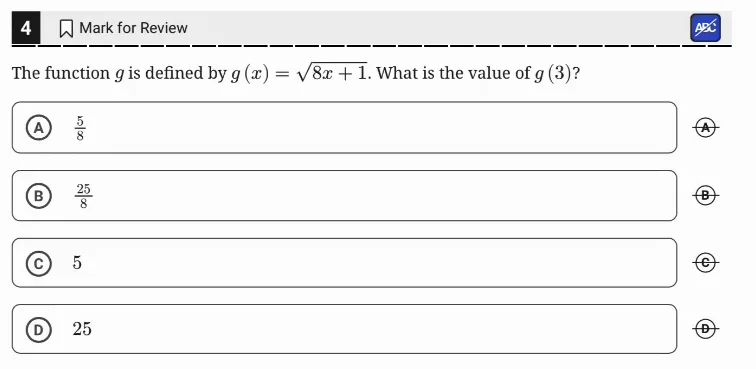 SAT Practice Test 9, Module 1, Question 4 (Nonlinear functions) as it appears in the walkthrough video