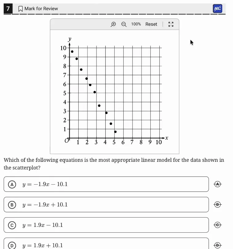 SAT Practice Test 9, Module 1, Question 7 (Two-variable data: models and scatterplots) as it appears in the walkthrough video