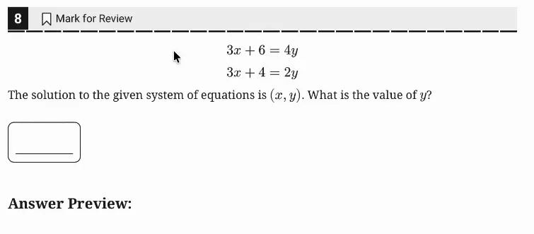 SAT Practice Test 9, Module 1, Question 8 (Systems of two linear equations in two variables) as it appears in the walkthrough video