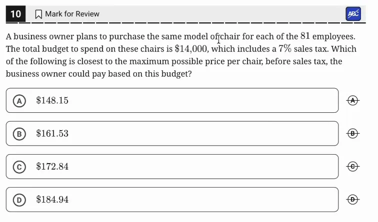 SAT Practice Test 9, Module 2, Question 10 (Linear inequalities in one or two variables) as it appears in the walkthrough video