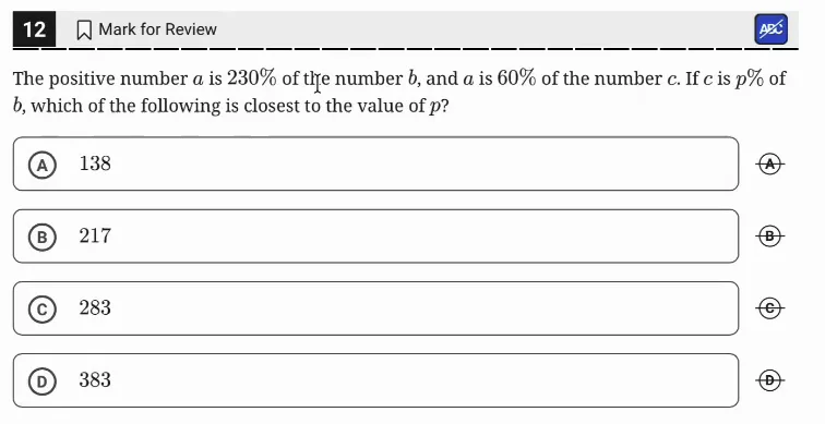 SAT Practice Test 9, Module 2, Question 12 (Percentages) as it appears in the walkthrough video