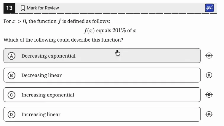 SAT Practice Test 9, Module 2, Question 13 (Two-variable data: models and scatterplots) as it appears in the walkthrough video