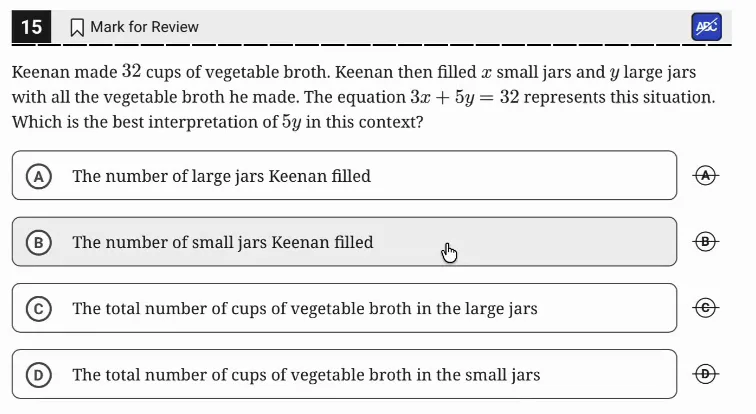 SAT Practice Test 9, Module 2, Question 15 (Linear equations in two variables) as it appears in the walkthrough video