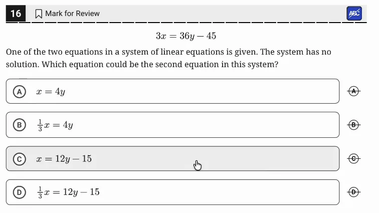SAT Practice Test 9, Module 2, Question 16 (Systems of two linear equations in two variables) as it appears in the walkthrough video