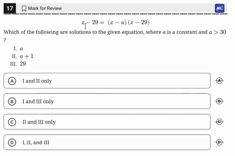 SAT Practice Test 9, Module 2, Question 17 (Nonlinear equations in one variable and systems of equations in two variables) as it appears in the walkthrough video