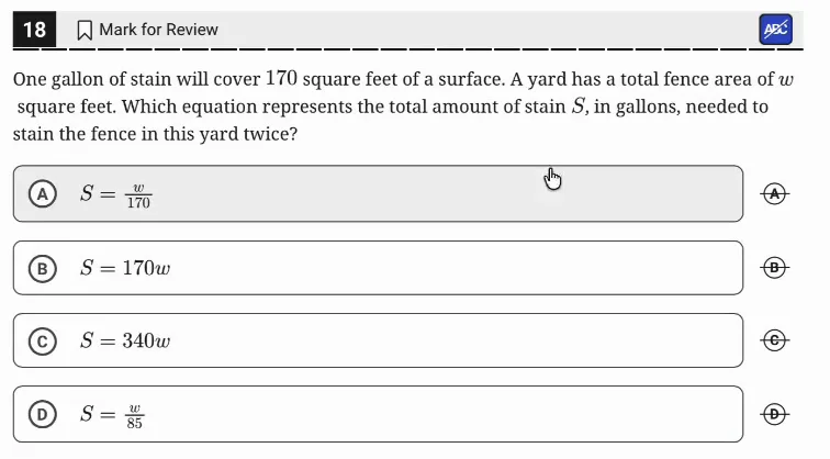 SAT Practice Test 9, Module 2, Question 18 (Linear functions) as it appears in the walkthrough video