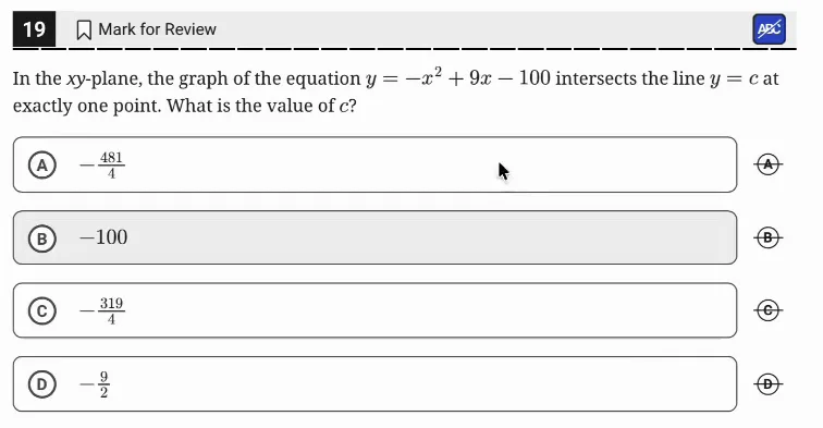 SAT Practice Test 9, Module 2, Question 19 (Nonlinear equations in one variable and systems of equations in two variables) as it appears in the walkthrough video