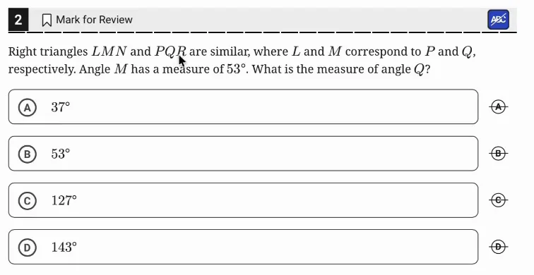 SAT Practice Test 9, Module 2, Question 2 (Lines, angles, and triangles) as it appears in the walkthrough video