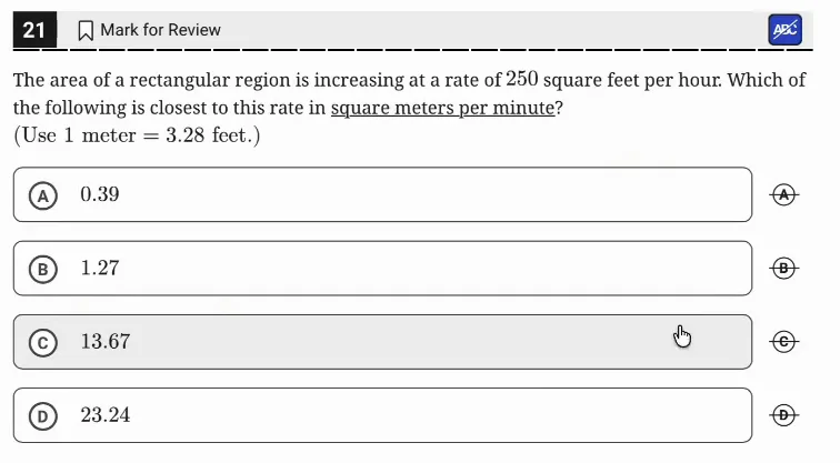 SAT Practice Test 9, Module 2, Question 21 (Ratios, rates, proportional relationships, and units) as it appears in the walkthrough video