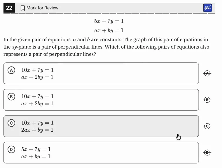 SAT Practice Test 9, Module 2, Question 22 (Linear equations in two variables) as it appears in the walkthrough video