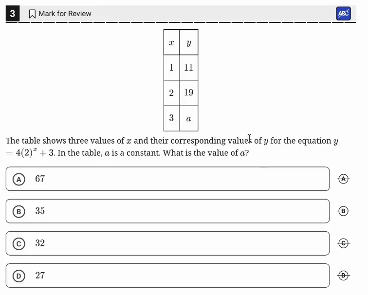 SAT Practice Test 9, Module 2, Question 3 (Nonlinear functions) as it appears in the walkthrough video